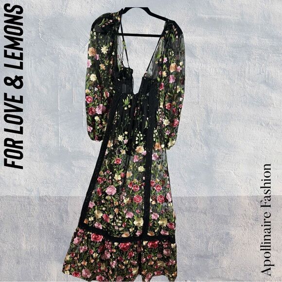 FOR LOVE AND LEMONS LUNA MAXI DRESS IN BLACK COMBO NWT XS FLORAL SHEER EMBROIDER - Picture 8 of 10